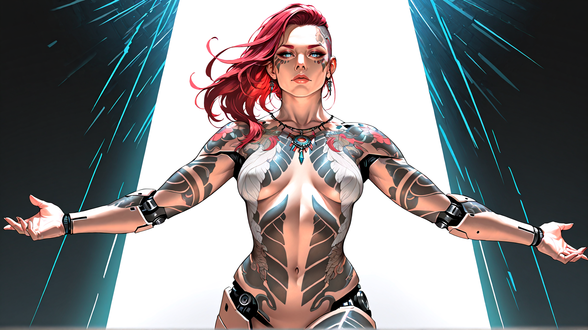 AI generated wallpaper featuring woman, tattoo, cyberpunk, robotic, feathers