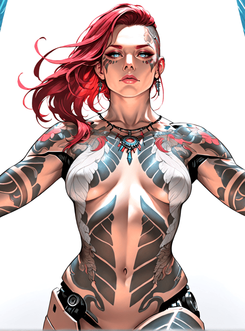woman, tattoo, cyberpunk, robotic, feathers