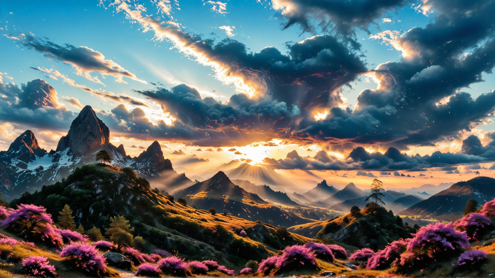 AI generated wallpaper featuring mountains, clouds, sunlight, flowers, trees, hills, landscape, sky, sun, valley