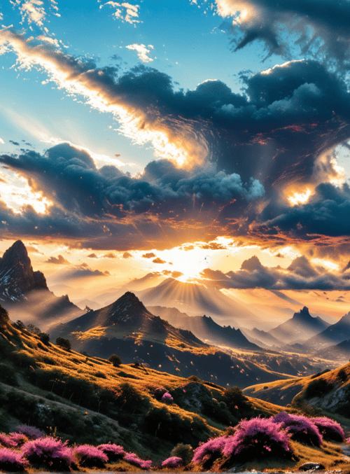 mountains, clouds, sunlight, flowers, trees, hills, landscape, sky, sun, valley