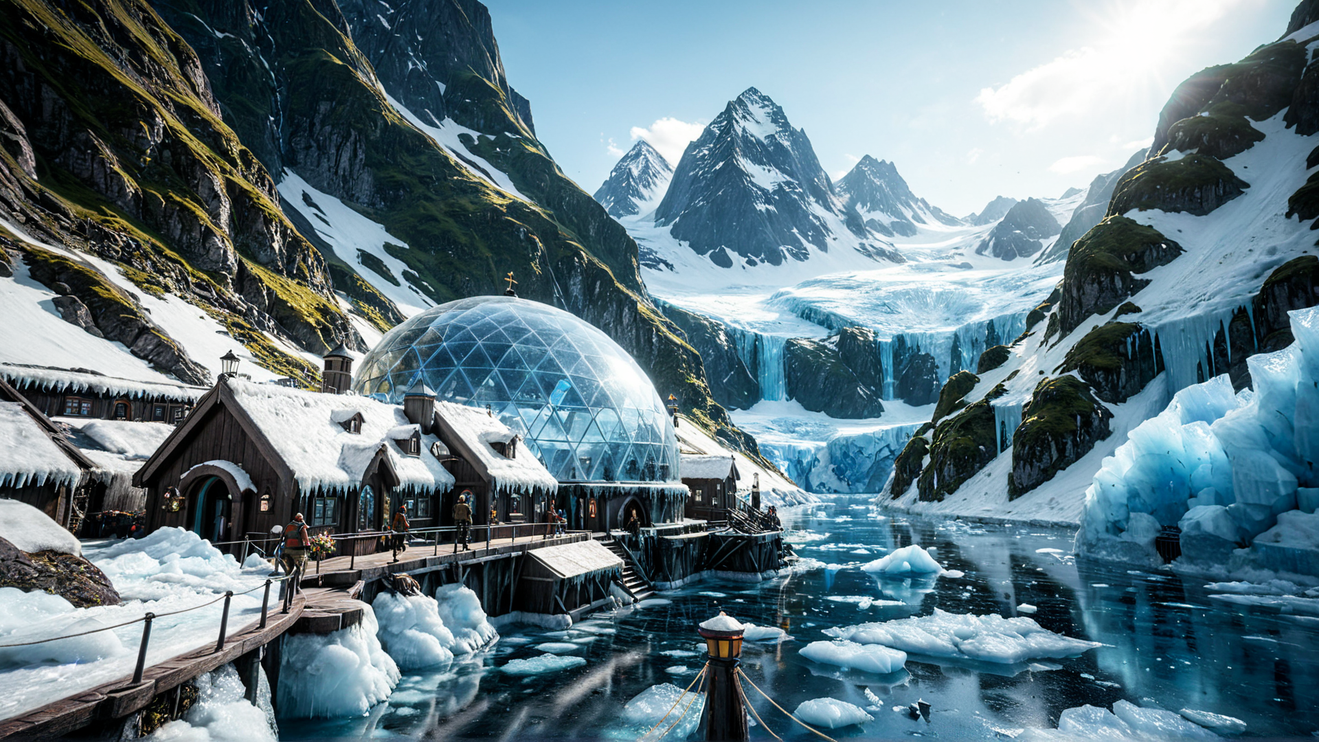 AI generated wallpaper featuring mountains, glacier, igloo, lake, wooden house, ice, cabin, frozen river, snow, iceberg