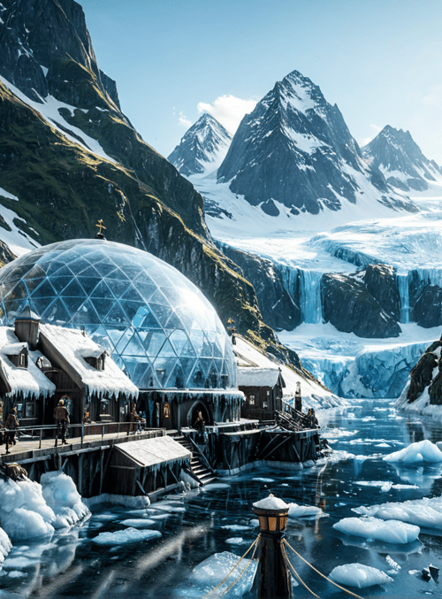 mountains, glacier, igloo, lake, wooden house, ice, cabin, frozen river, snow, iceberg