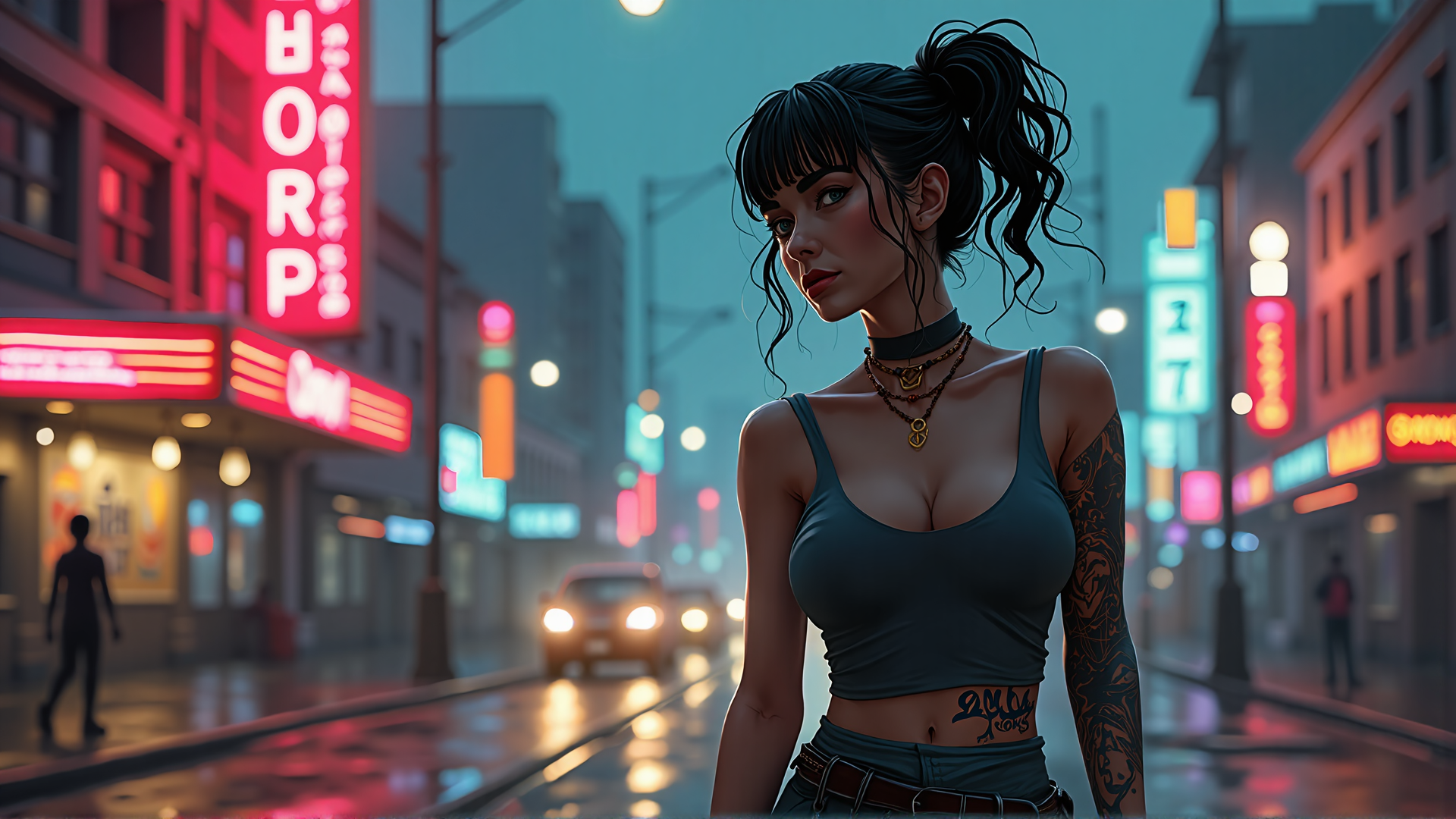 AI generated wallpaper featuring woman, tattoo, street, neon, city