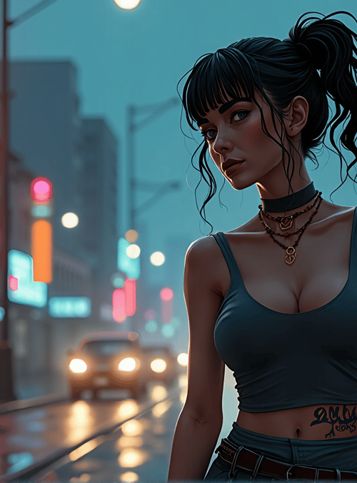 woman, tattoo, street, neon, city