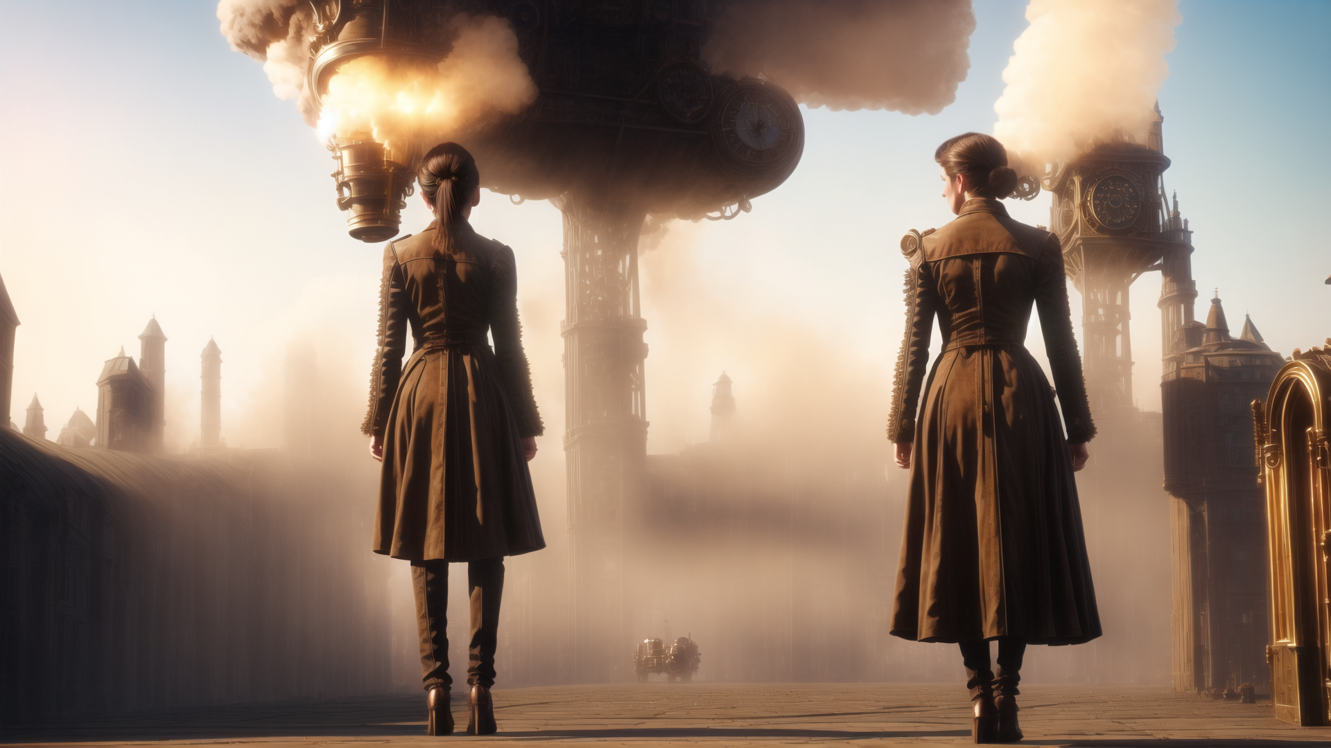 AI generated wallpaper featuring women, steampunk, airship