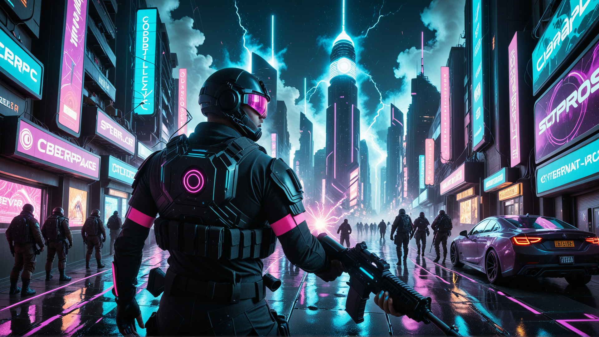 AI generated wallpaper featuring soldier, cityscape, neon