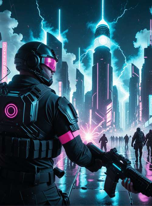 soldier, cityscape, neon