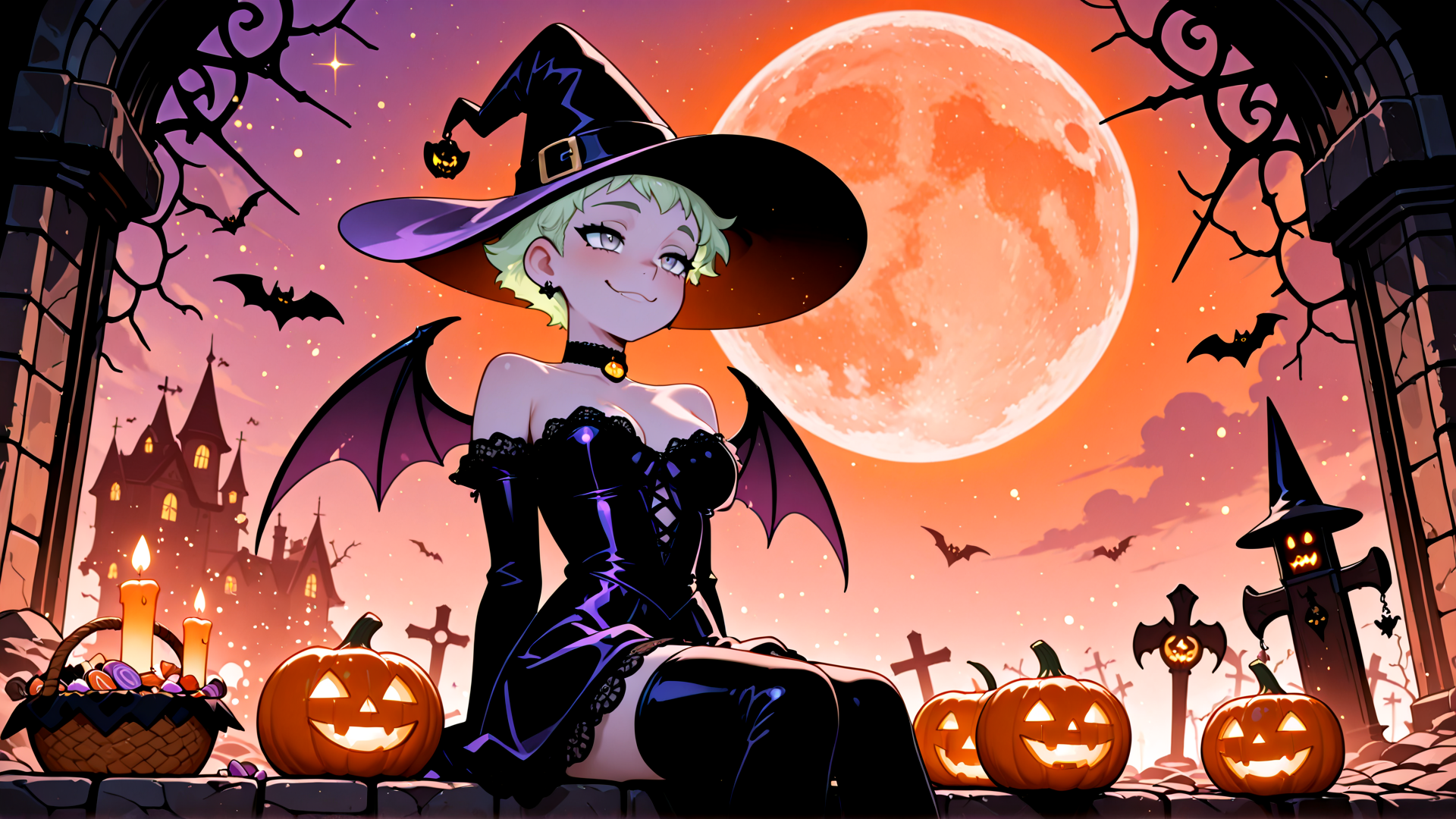 AI generated wallpaper featuring witch, bat, pumpkin, castle, moon, candle, cross, halloween, cape, hat
