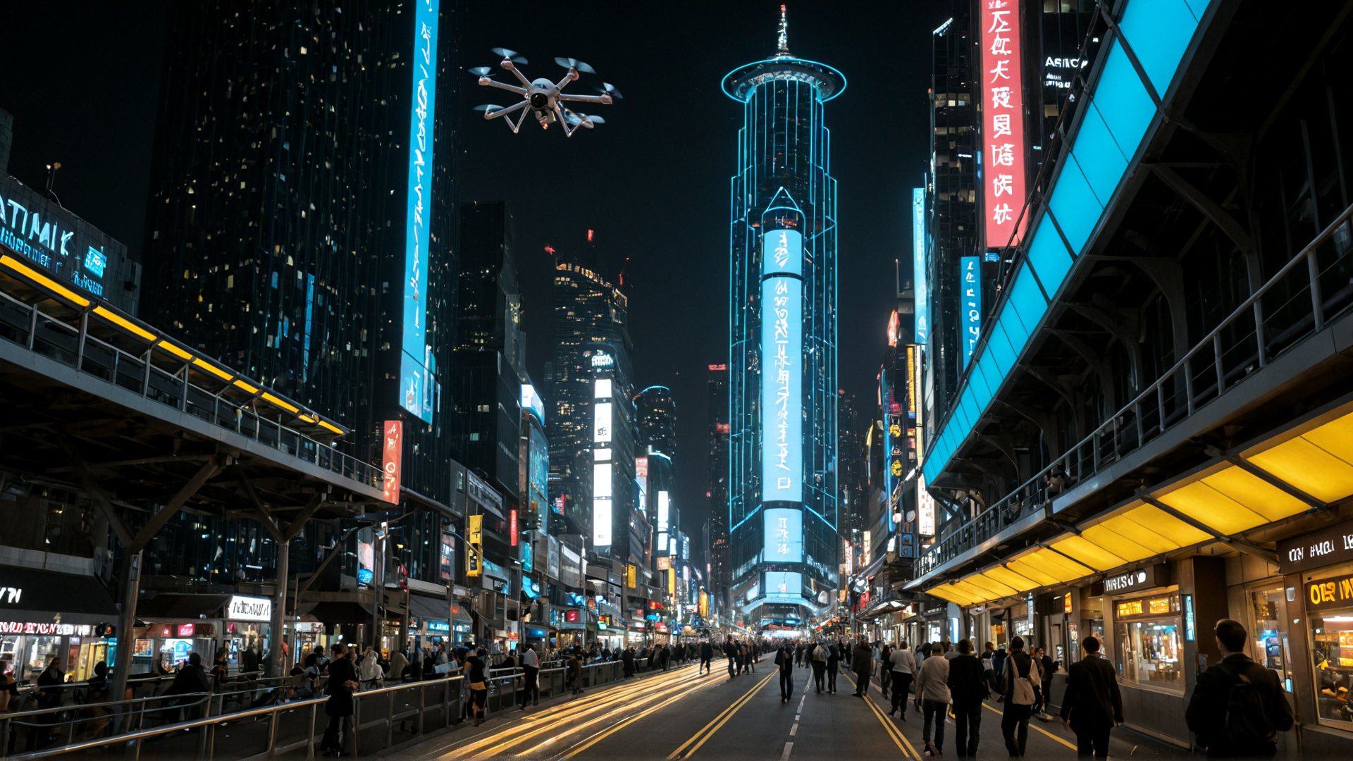 AI generated wallpaper featuring city, drones, buildings