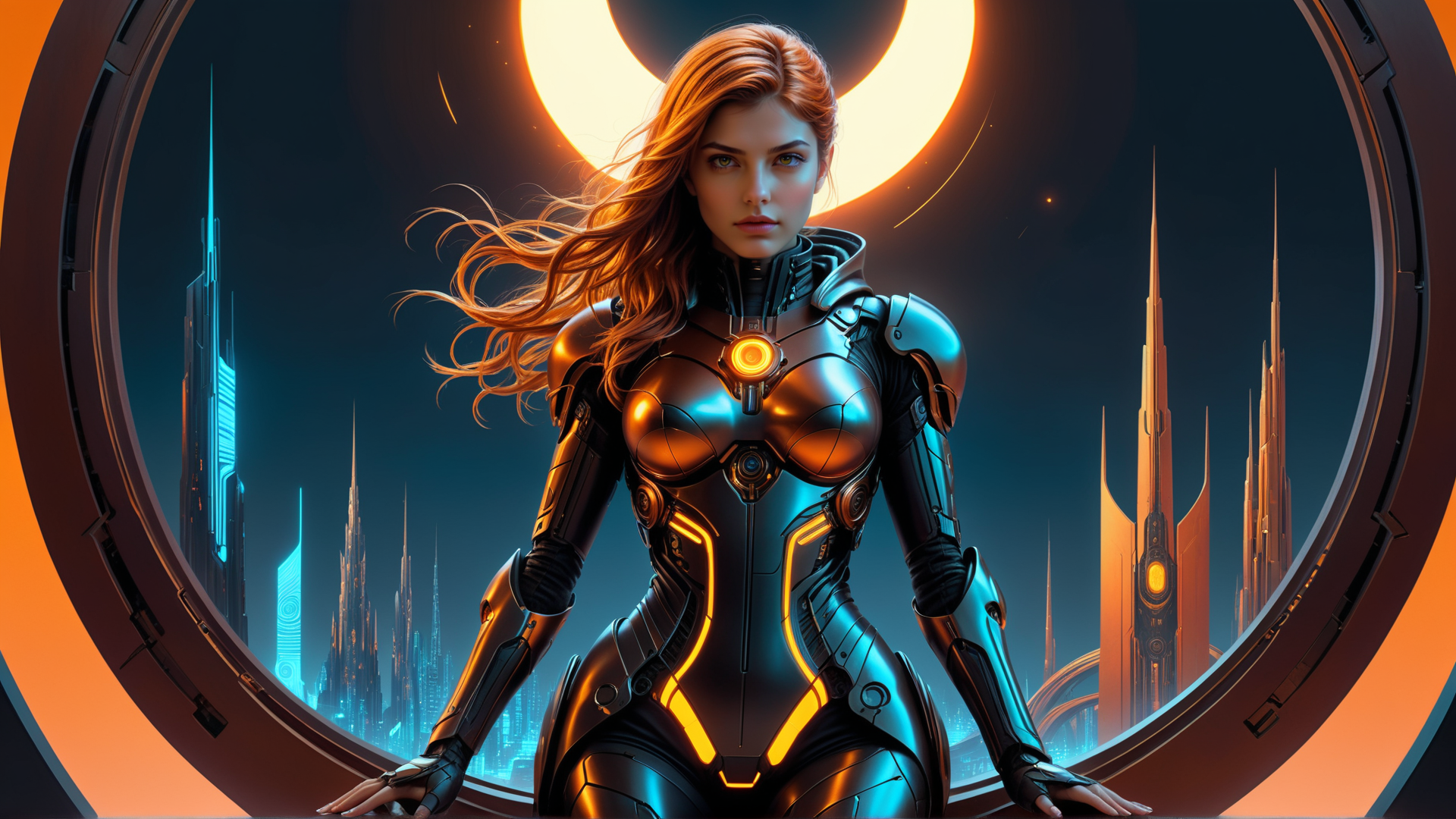 AI generated wallpaper featuring woman, cyborg, spacesuit, cityscape, futuristic