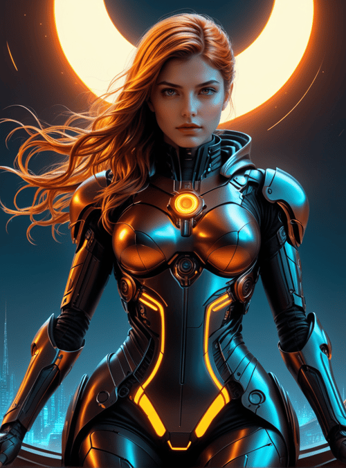 woman, cyborg, spacesuit, cityscape, futuristic