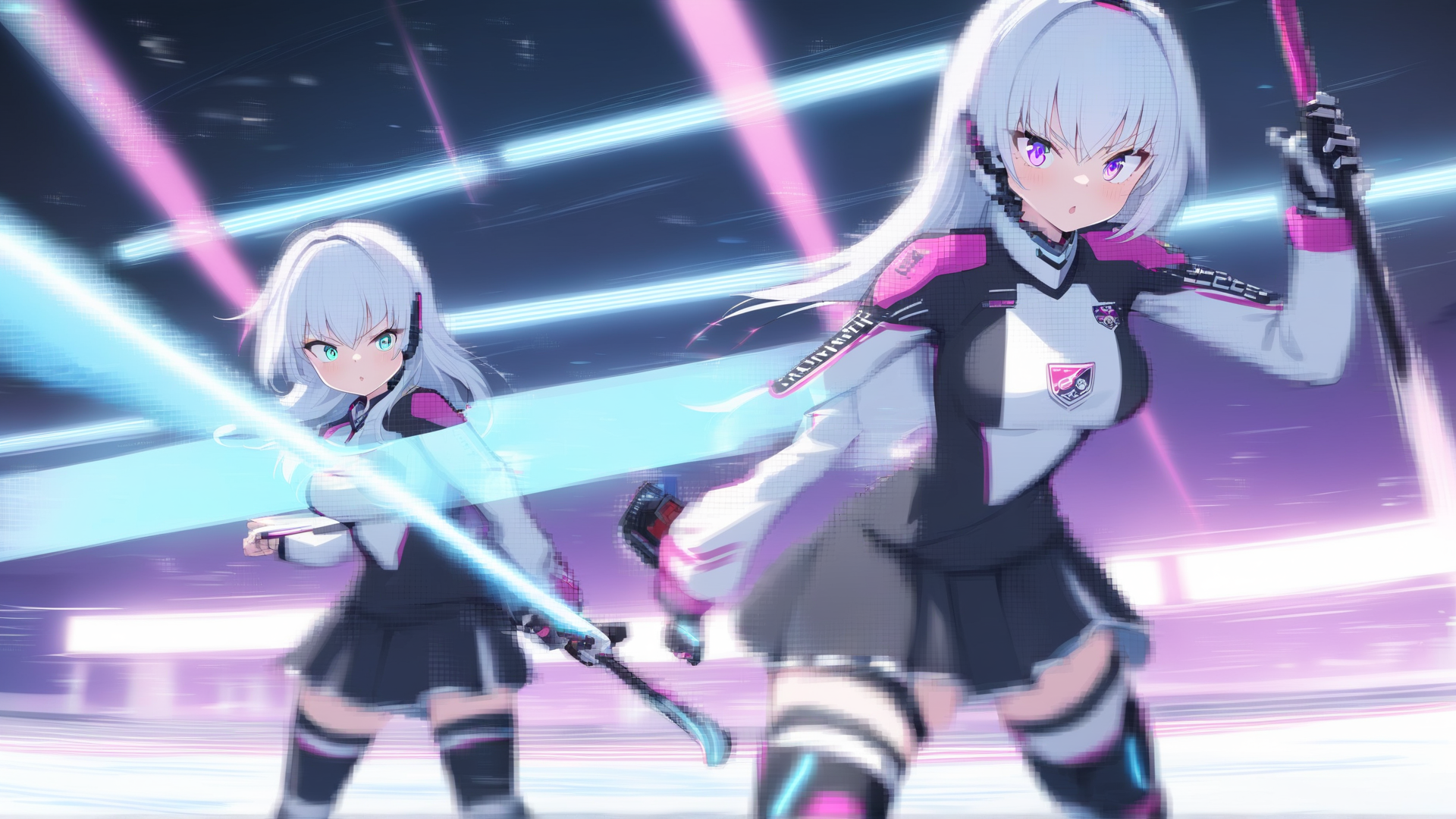 AI generated wallpaper featuring anime characters, girls, swords, futuristic, uniforms, cyberpunk, school, kawaii