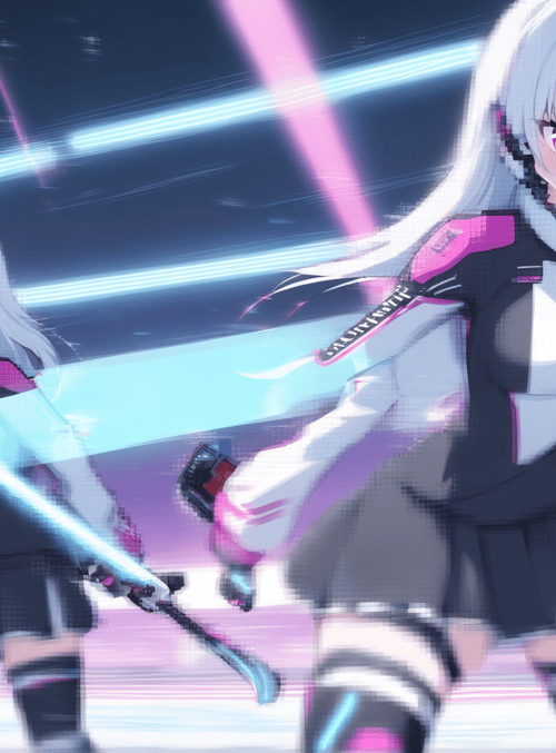 anime characters, girls, swords, futuristic, uniforms, cyberpunk, school, kawaii