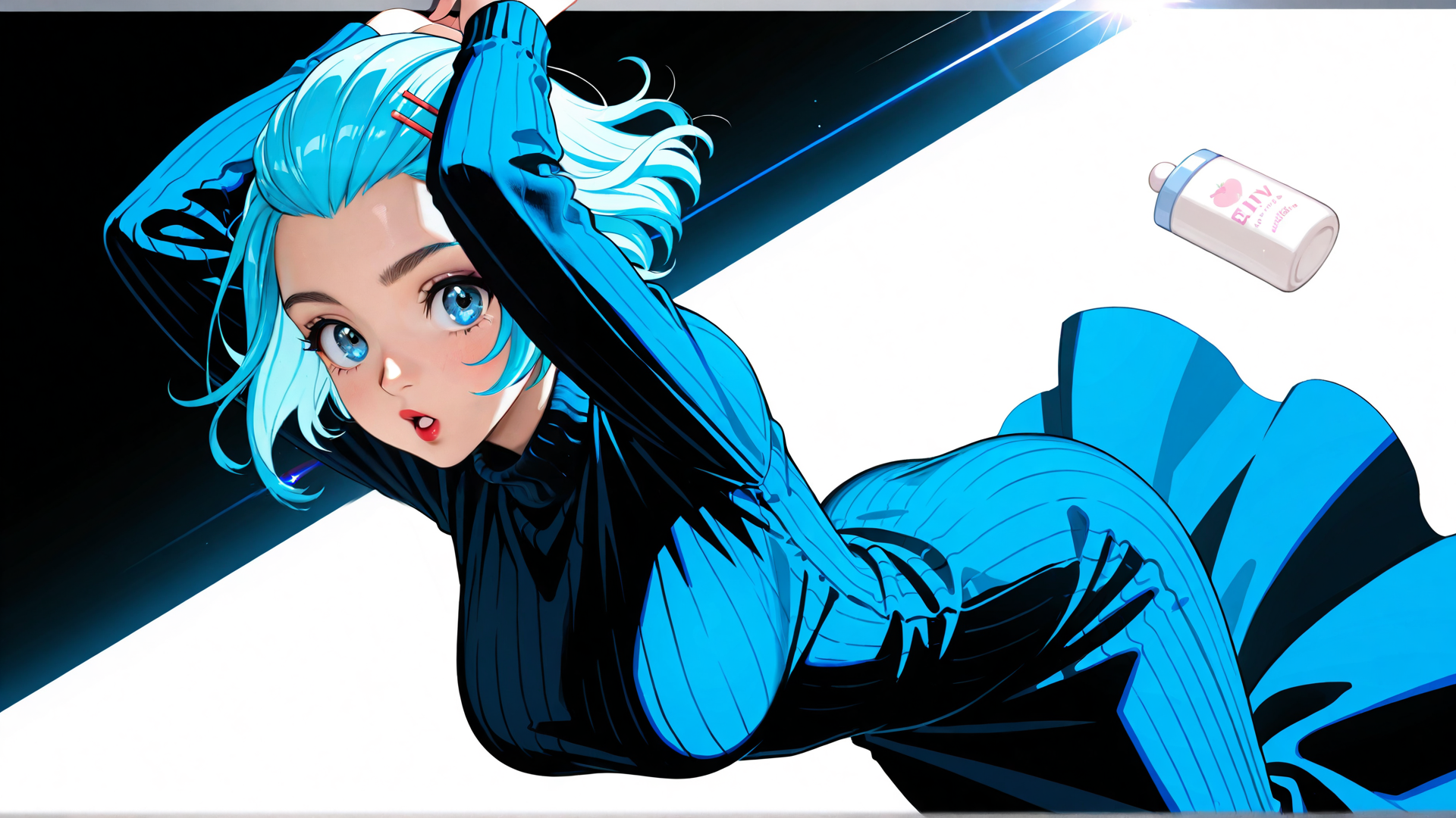 AI generated wallpaper featuring anime girl, blue hair, bottle, fashion