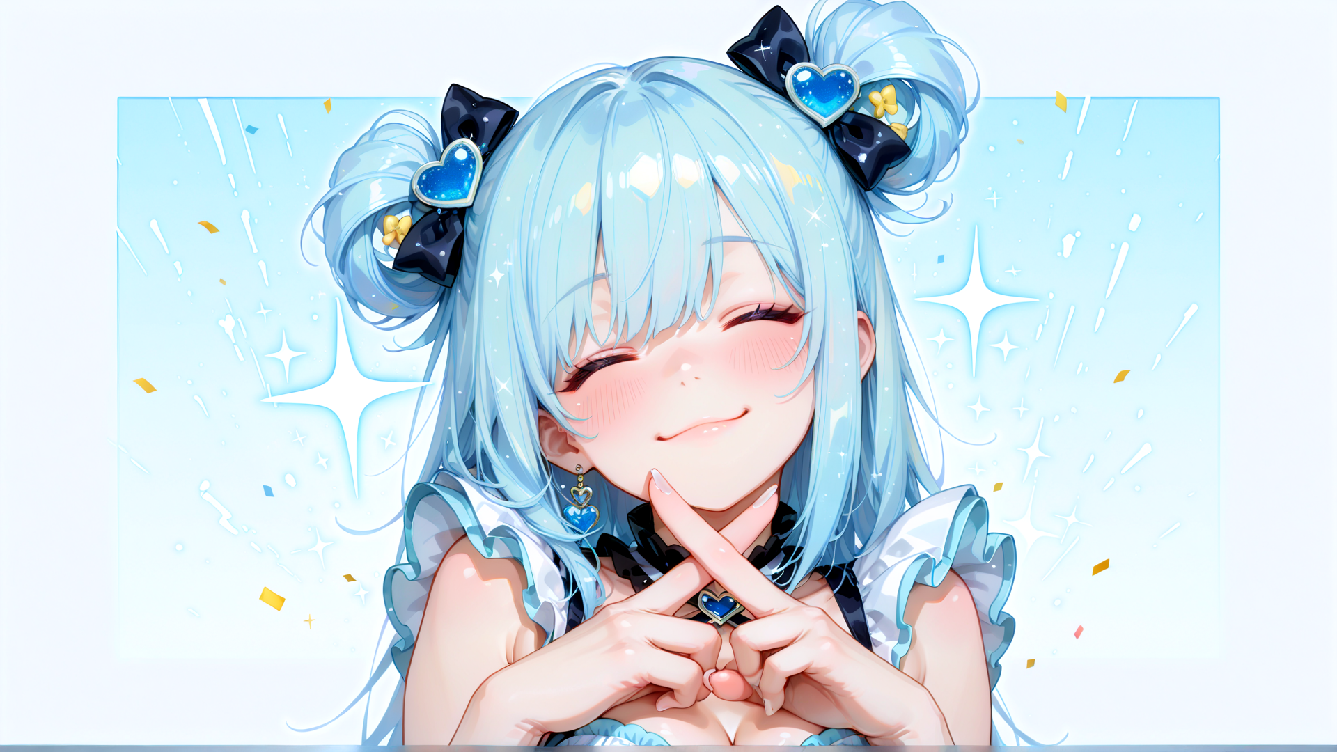 AI generated wallpaper featuring anime girl, blue hair, bunny ears, heart accessories, confetti