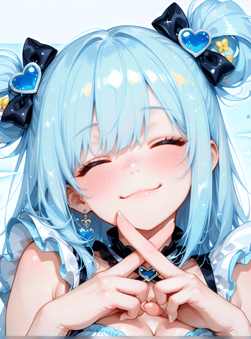 anime girl, blue hair, bunny ears, heart accessories, confetti