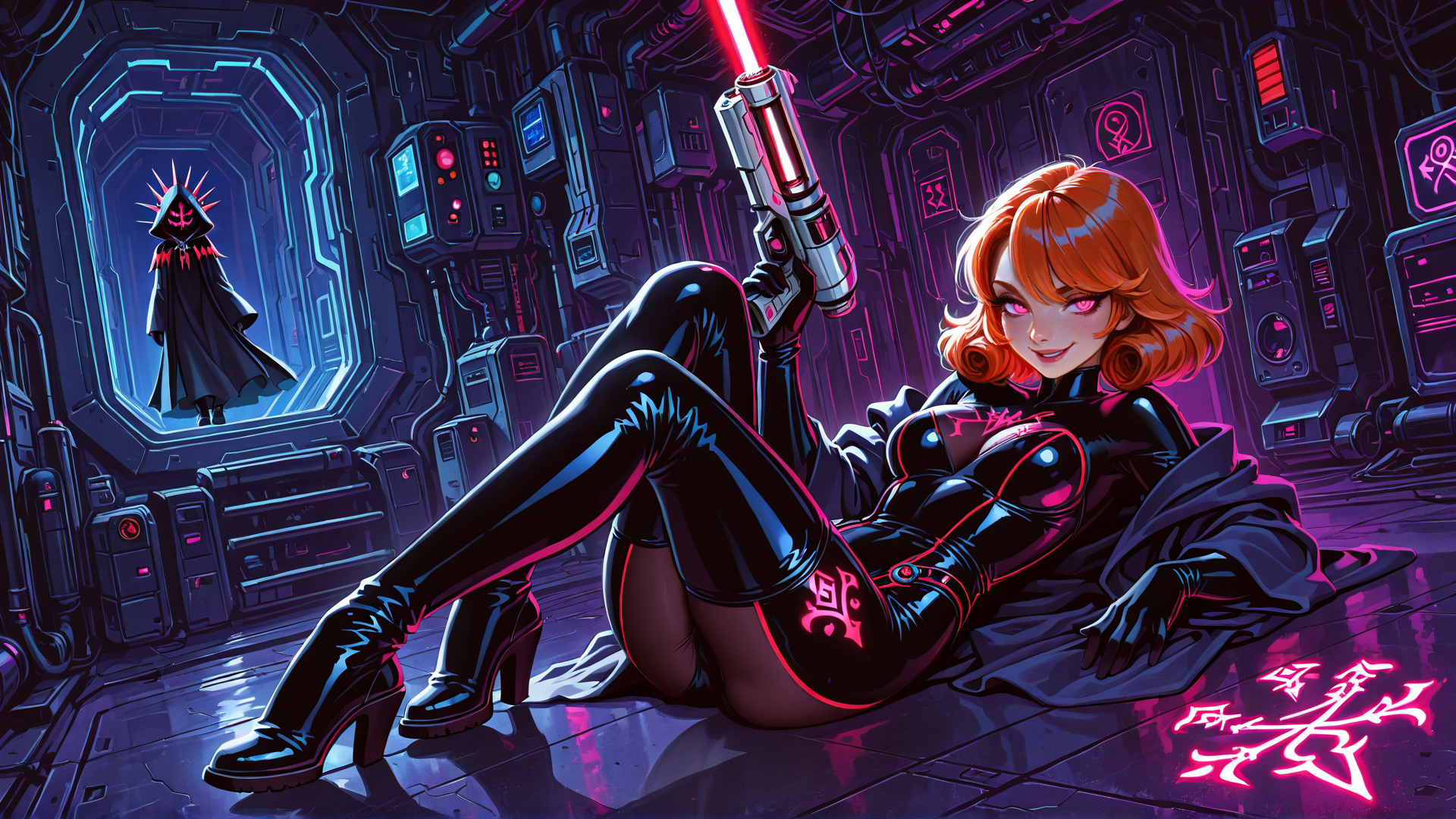 AI generated wallpaper featuring woman, cyberpunk, gun