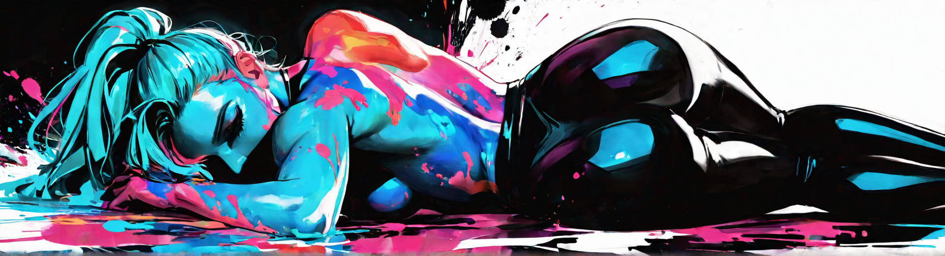 AI generated wallpaper featuring woman, paint, splatter, ink, art, figure, fashion, body, pose, neon