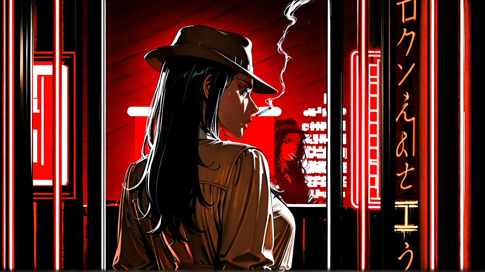 AI generated wallpaper featuring woman, neon, hat, cigarette, sign