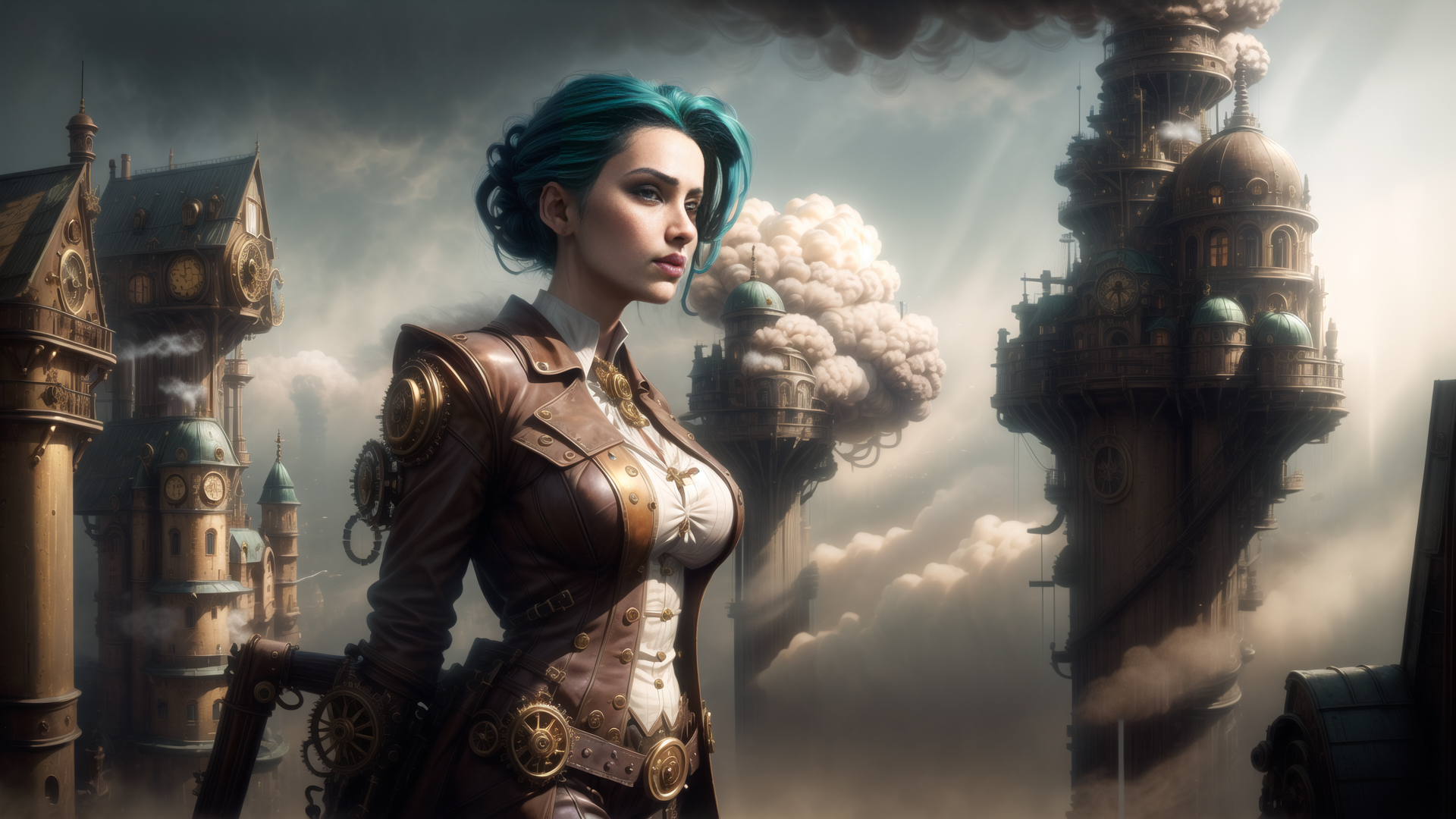 AI generated wallpaper featuring woman, steampunk, city