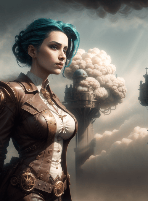 woman, steampunk, city