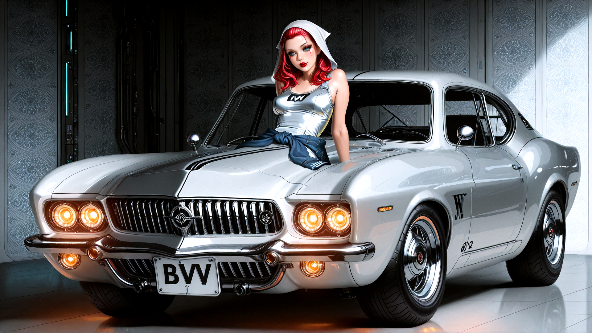 AI generated wallpaper featuring car, woman, hoodie, jeans, license plate, headlight, grille, wheels, background, logo
