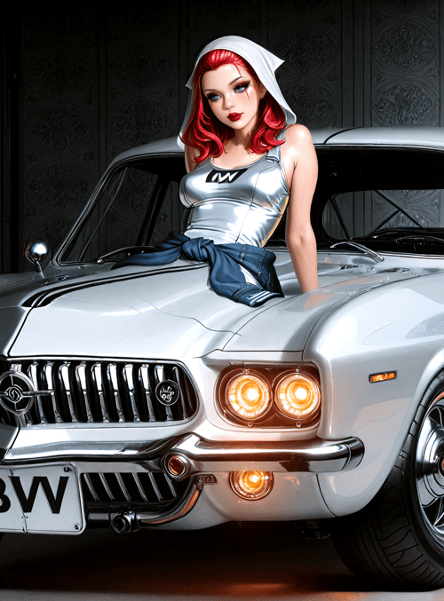 car, woman, hoodie, jeans, license plate, headlight, grille, wheels, background, logo