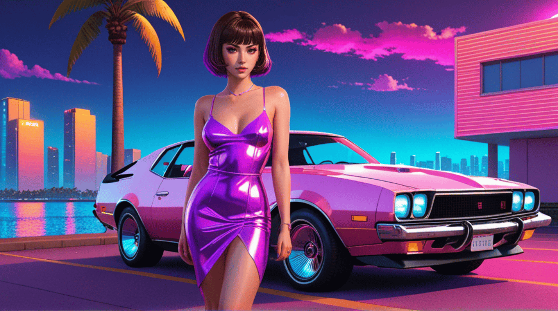AI generated wallpaper featuring woman, car, city