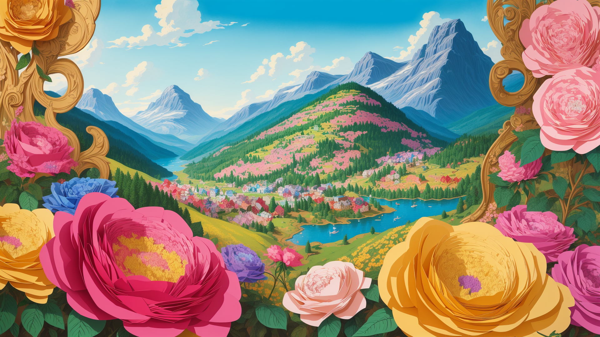 AI generated wallpaper featuring flowers, mountains, village
