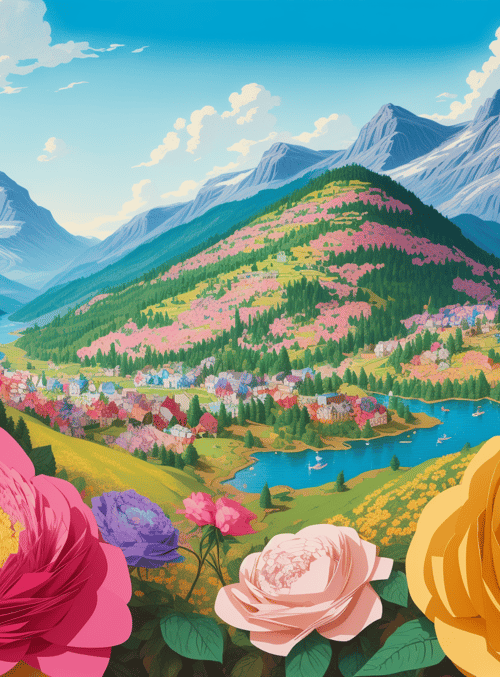 flowers, mountains, village