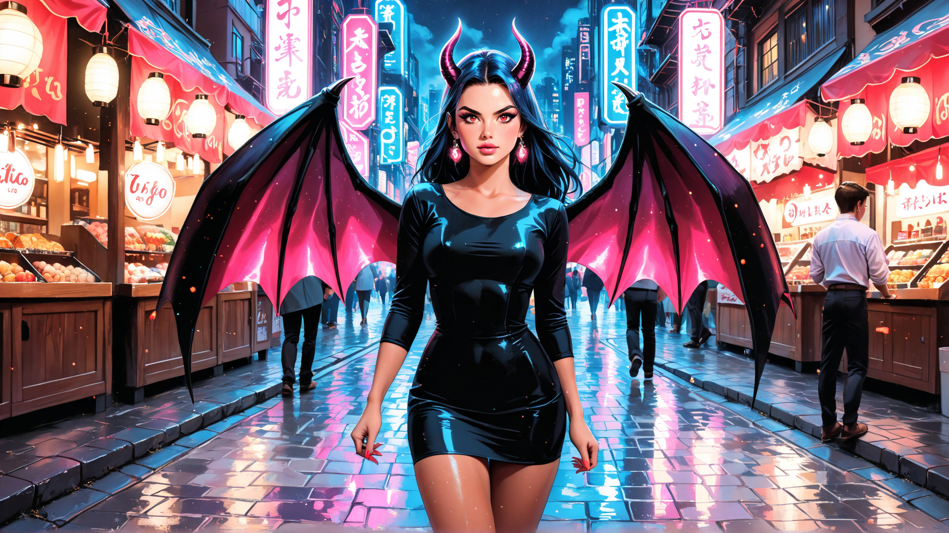 AI generated wallpaper featuring devil, woman, demon, wings, market, street, neon, lanterns, signs, shops