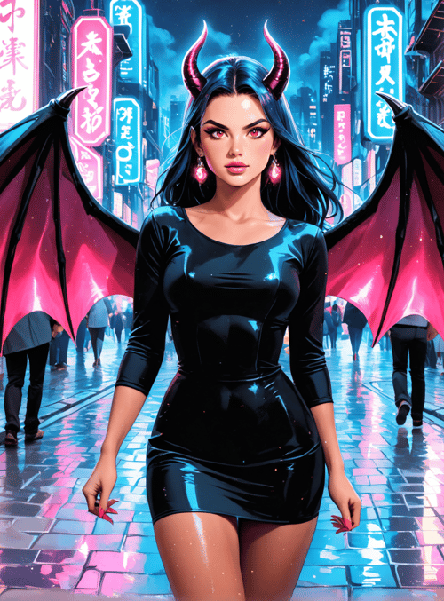devil, woman, demon, wings, market, street, neon, lanterns, signs, shops