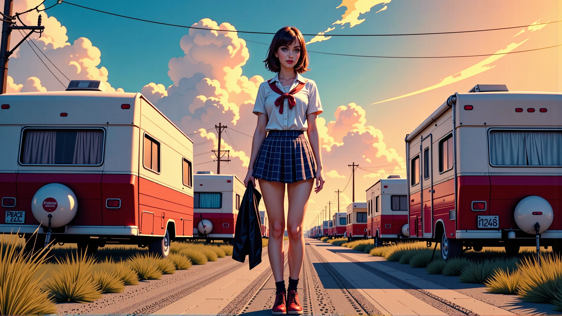 AI generated wallpaper featuring girl, camper, bus, school uniform, style