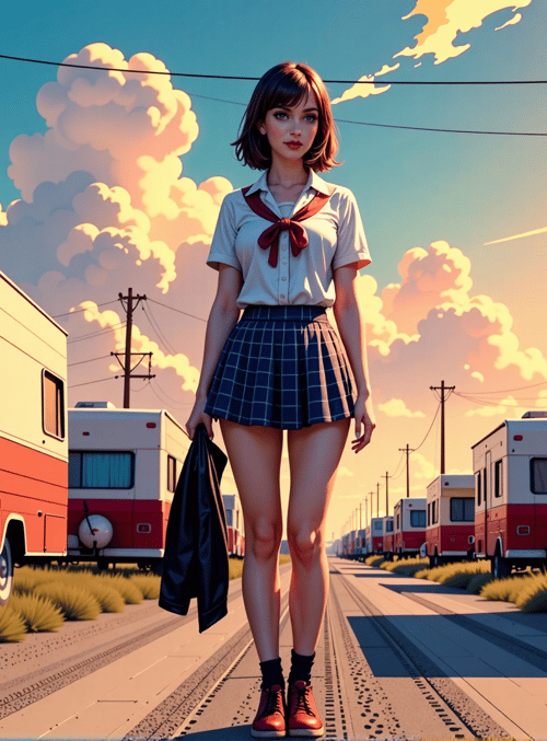 girl, camper, bus, school uniform, style