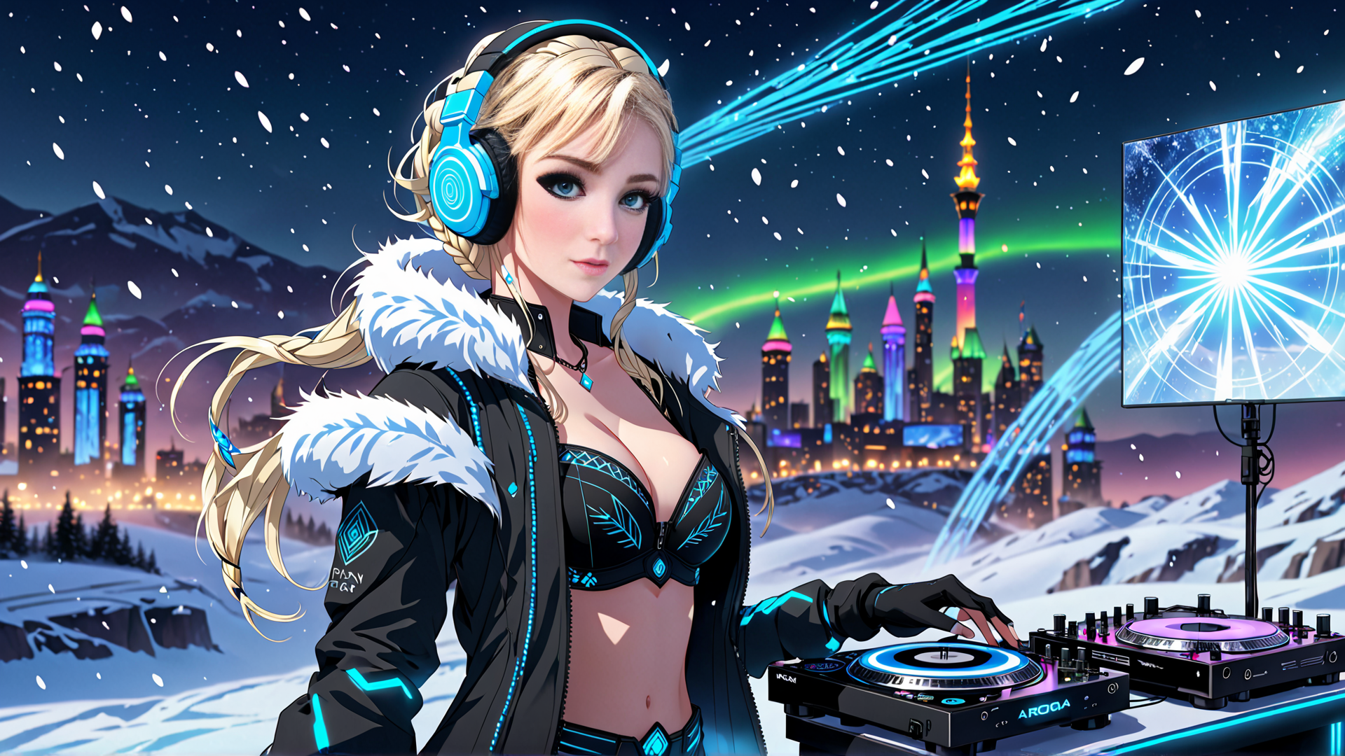 AI generated wallpaper featuring dj, woman, cityscape