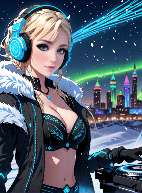 dj, woman, cityscape