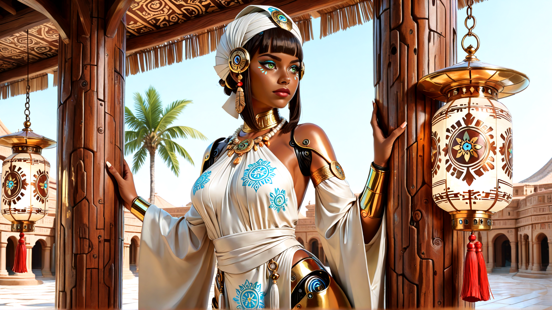 AI generated wallpaper featuring woman, lantern, palm tree, architecture, turban, jewelry, dress, arm band, headband, circuit