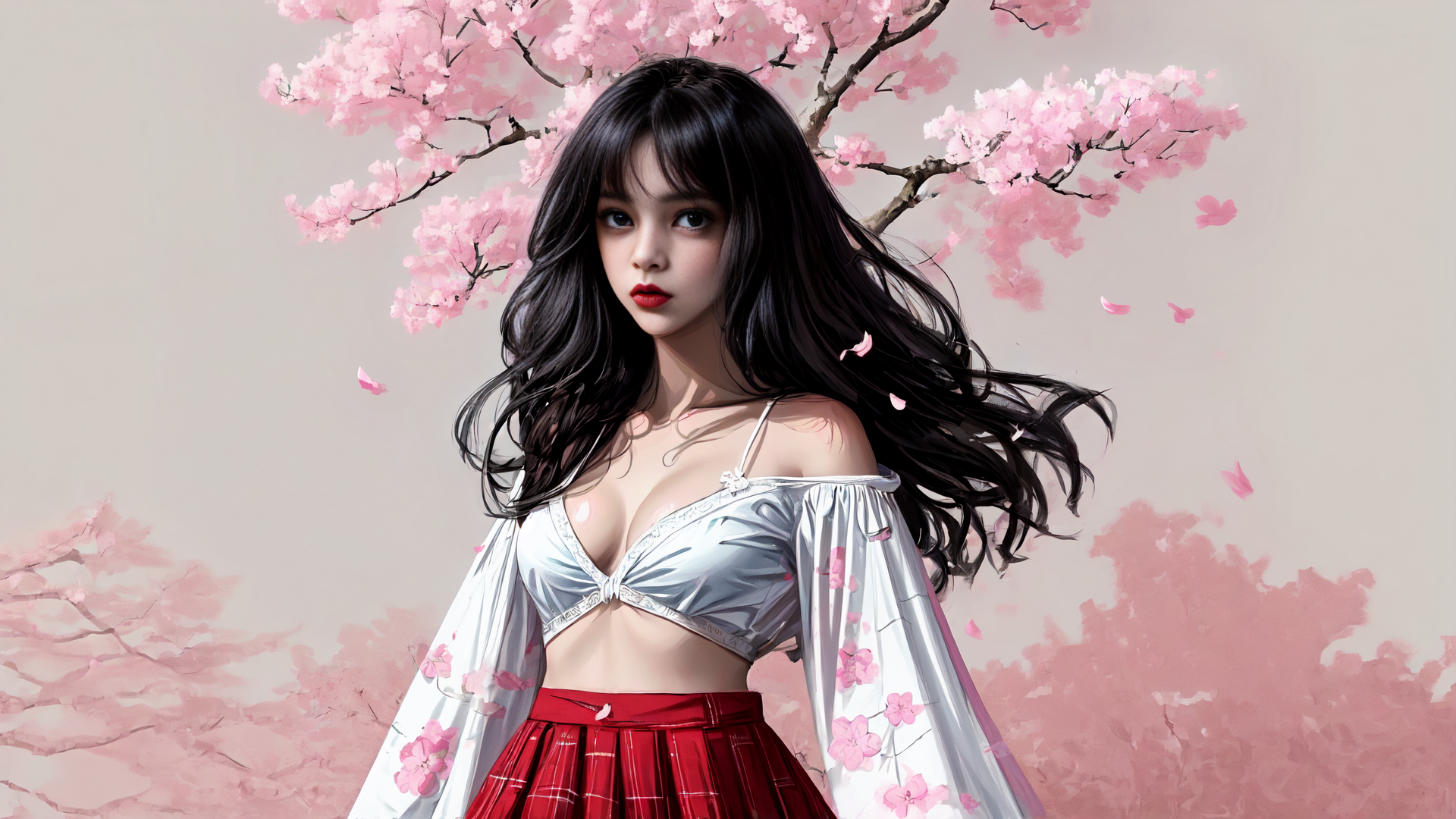 AI generated wallpaper featuring woman, cherry blossom, kimono