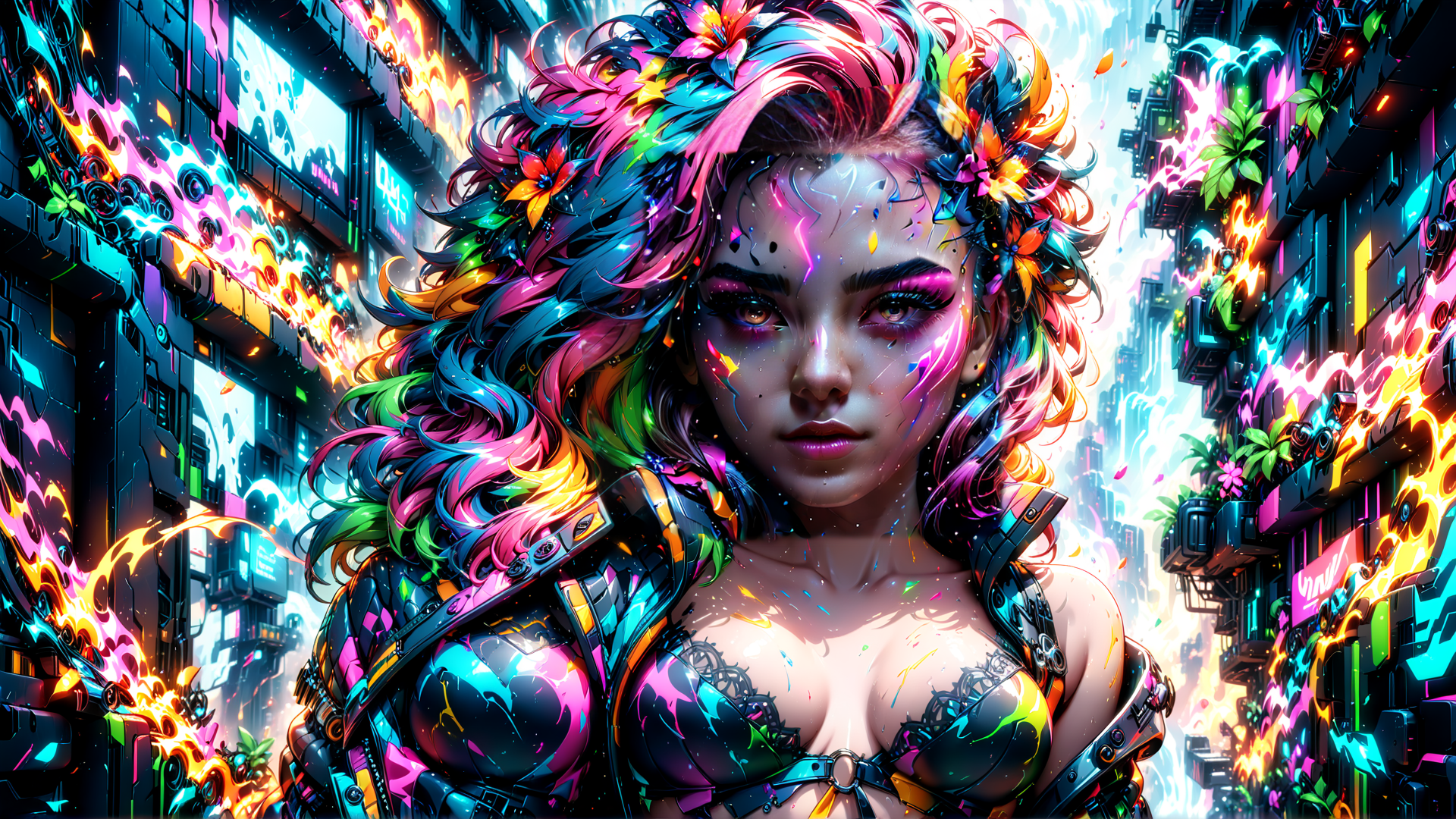 AI generated wallpaper featuring woman, cyberpunk, neon