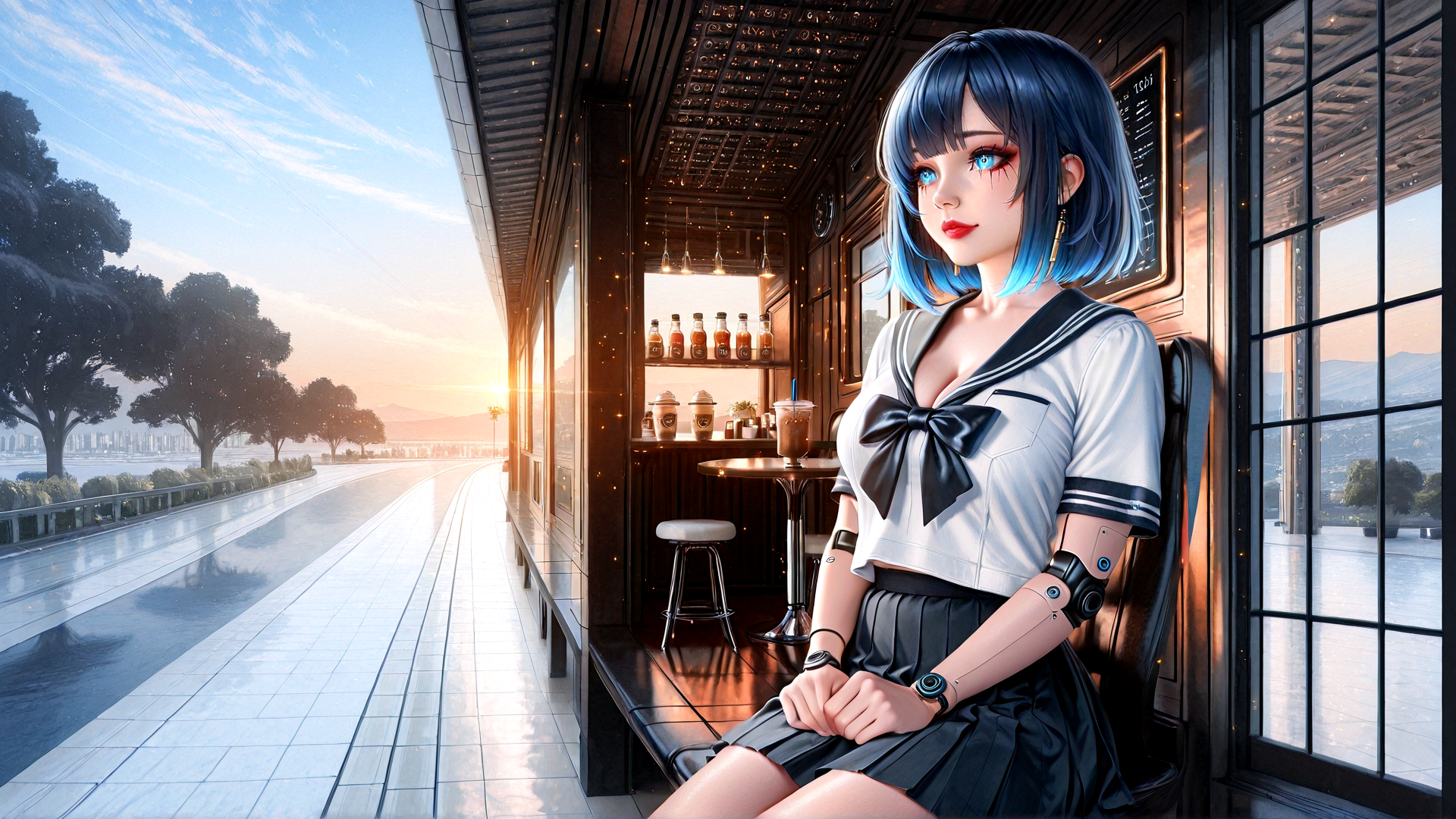 AI generated wallpaper featuring girl, sailor uniform, cyborg, cafe, bench, sunrise, trees, road, sunset, window