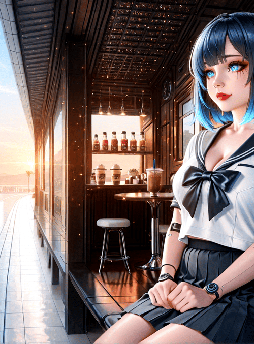 girl, sailor uniform, cyborg, cafe, bench, sunrise, trees, road, sunset, window