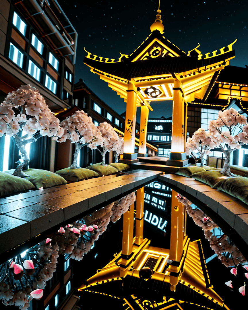 AI generated wallpaper featuring pagoda, cherry blossom tree, building, water surface, cushion, lighting, architectural structure, reflection, bamboo, window