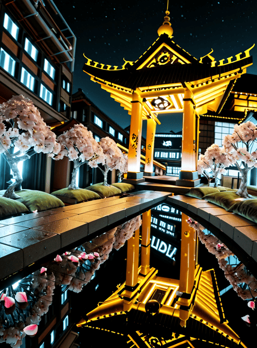 pagoda, cherry blossom tree, building, water surface, cushion, lighting, architectural structure, reflection, bamboo, window