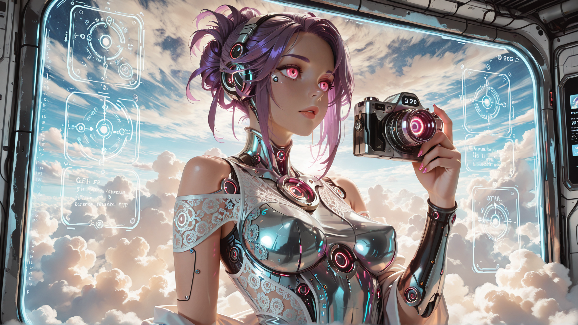 AI generated wallpaper featuring cyborg, woman, camera, space, clouds, helmet, armor, glasses, hair, futuristic