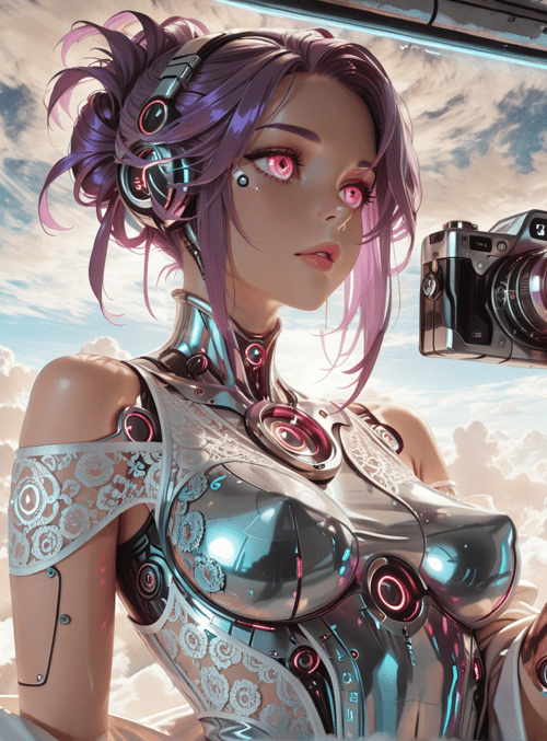 cyborg, woman, camera, space, clouds, helmet, armor, glasses, hair, futuristic