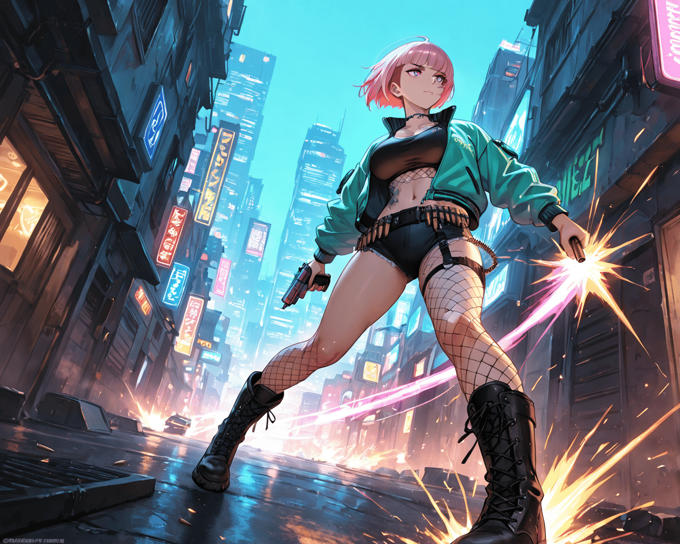 AI generated wallpaper featuring woman, cyberpunk, gun