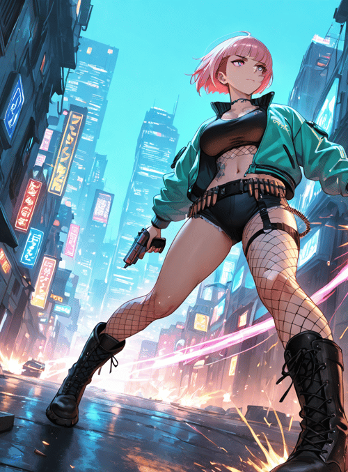 woman, cyberpunk, gun