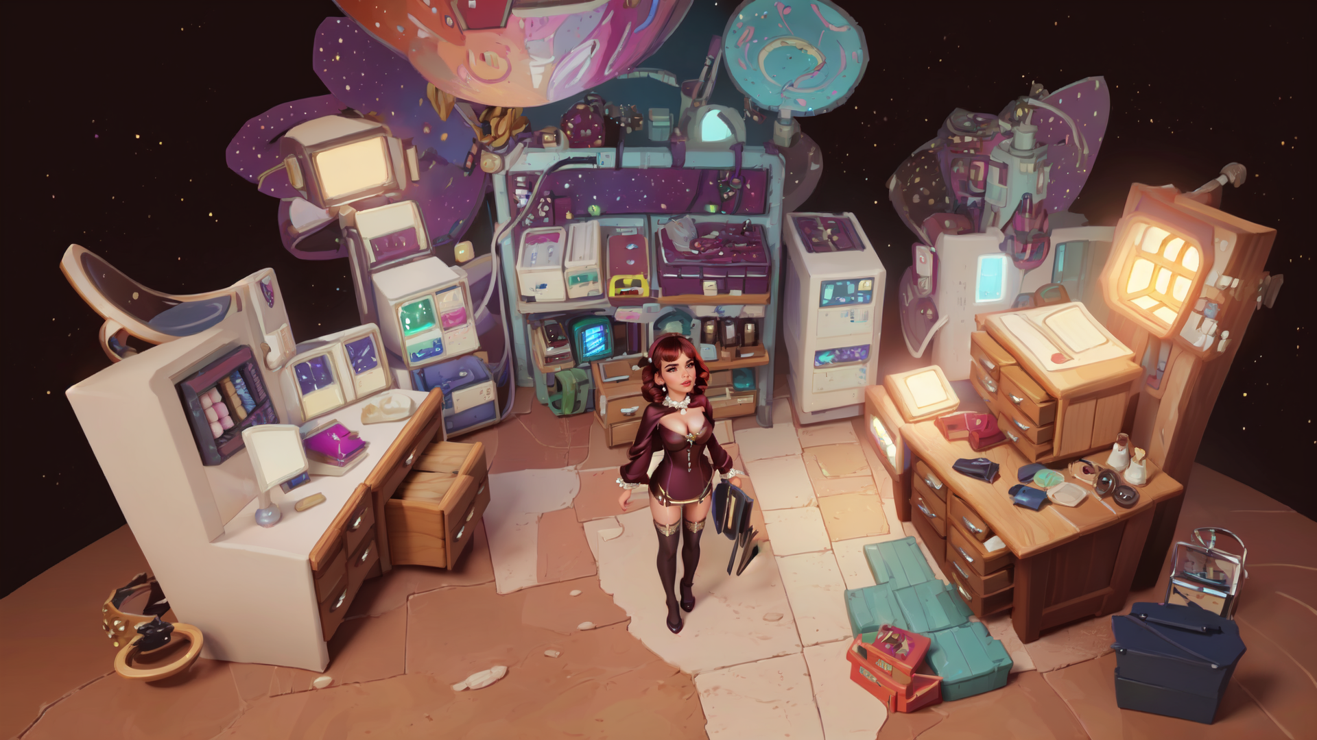 AI generated wallpaper featuring woman, workstation, tech