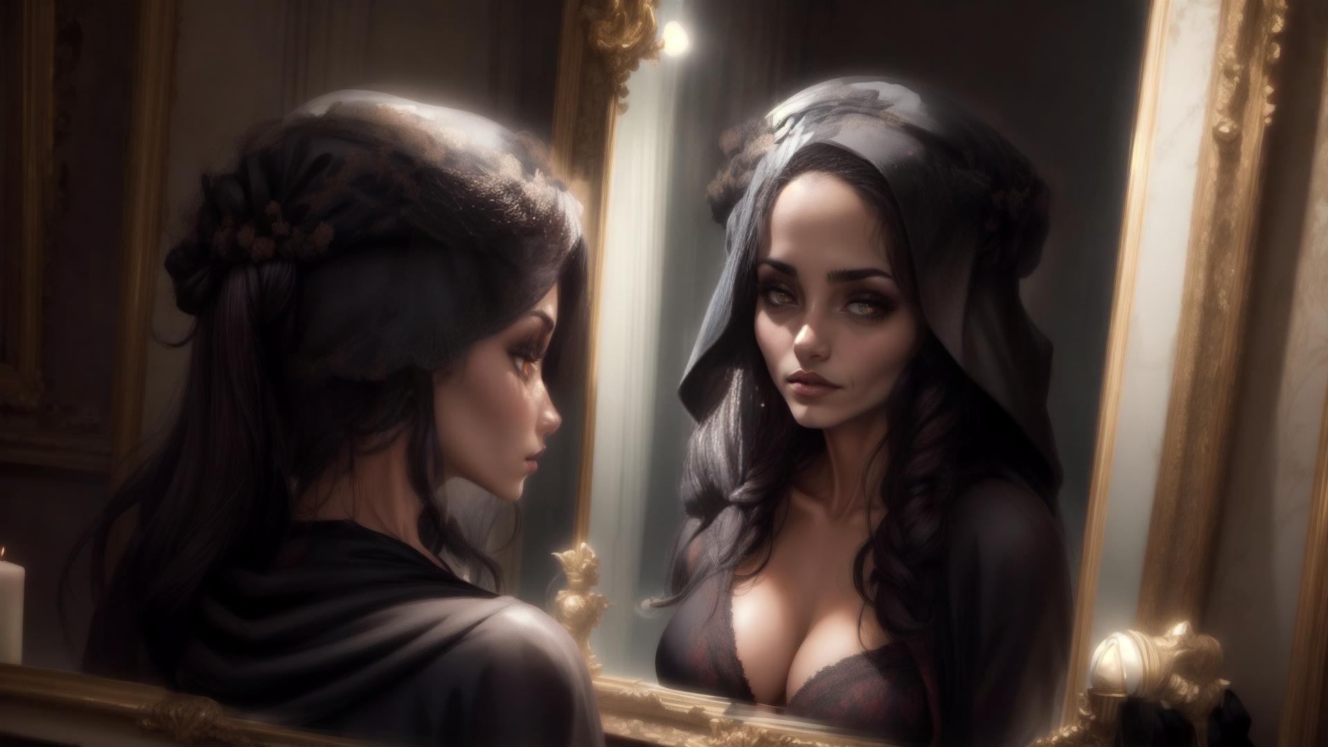 AI generated wallpaper featuring woman, mirror, reflection