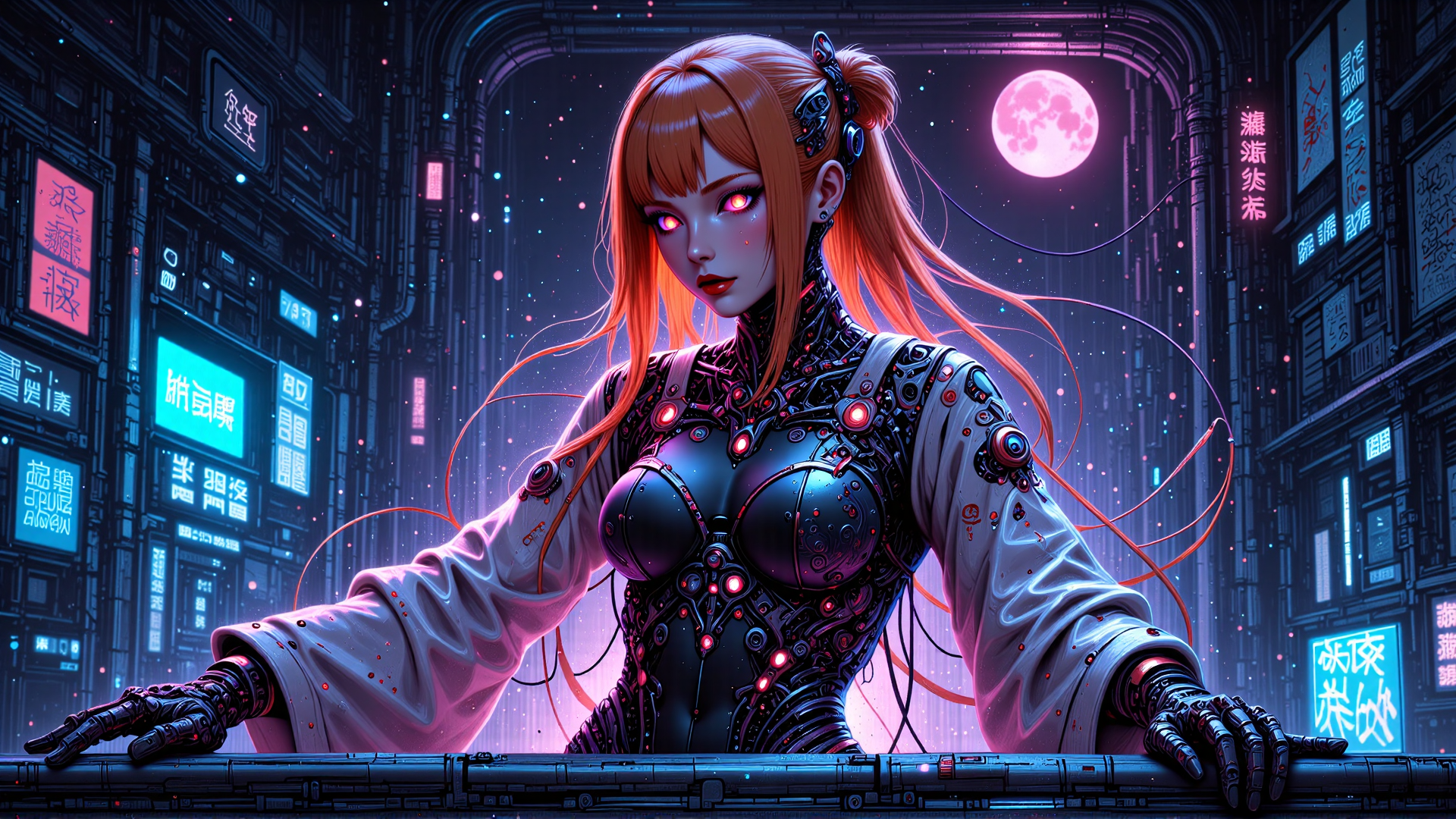 AI generated wallpaper featuring cyborg, woman, robot, neon, cityscape, futuristic, girl, character, anime, urban